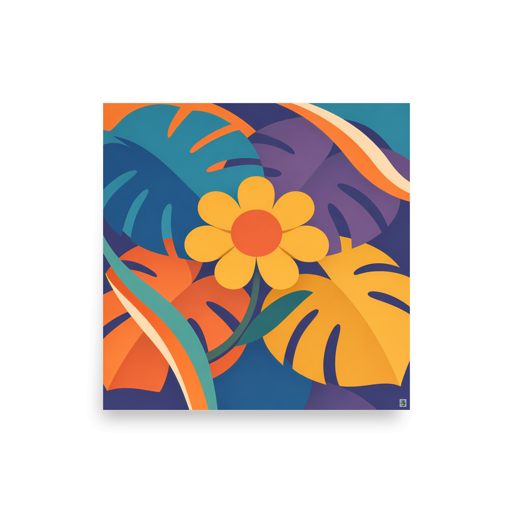 Bold Geometric Flower with Tropical Leaves — Art Print