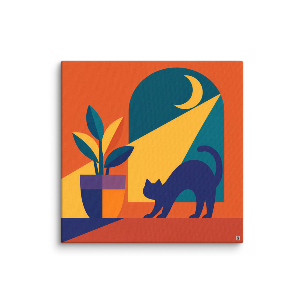 Stretching Cat by a Moonlit Window — Canvas Print
