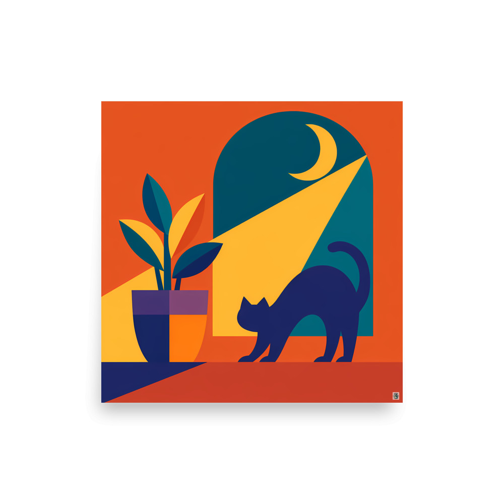 Stretching Cat by a Moonlit Window — Art Print