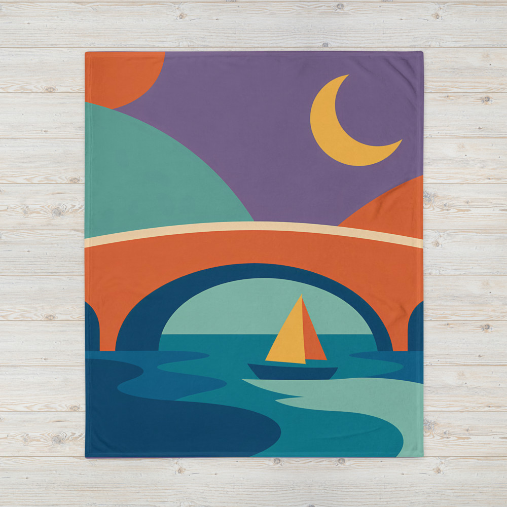Crescent Moon Sailboat Under an Arched Bridge