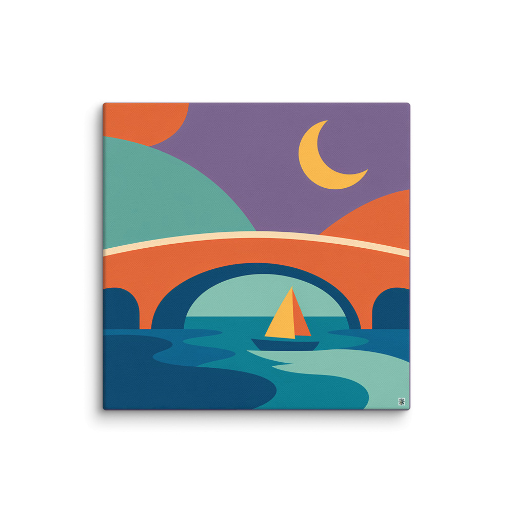 Crescent Moon Sailboat Under an Arched Bridge — Canvas Print