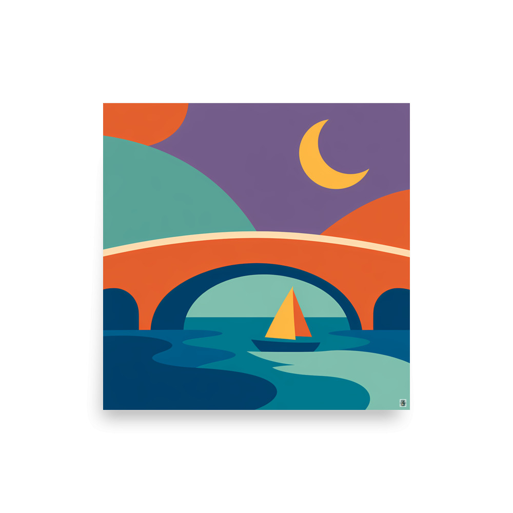 Crescent Moon Sailboat Under an Arched Bridge — Art Print