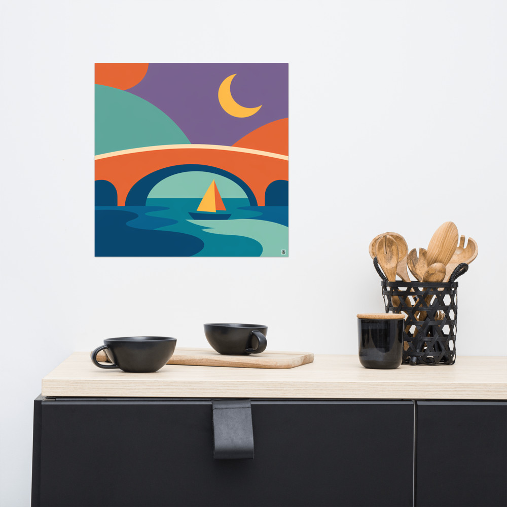 Crescent Moon Sailboat Under an Arched Bridge