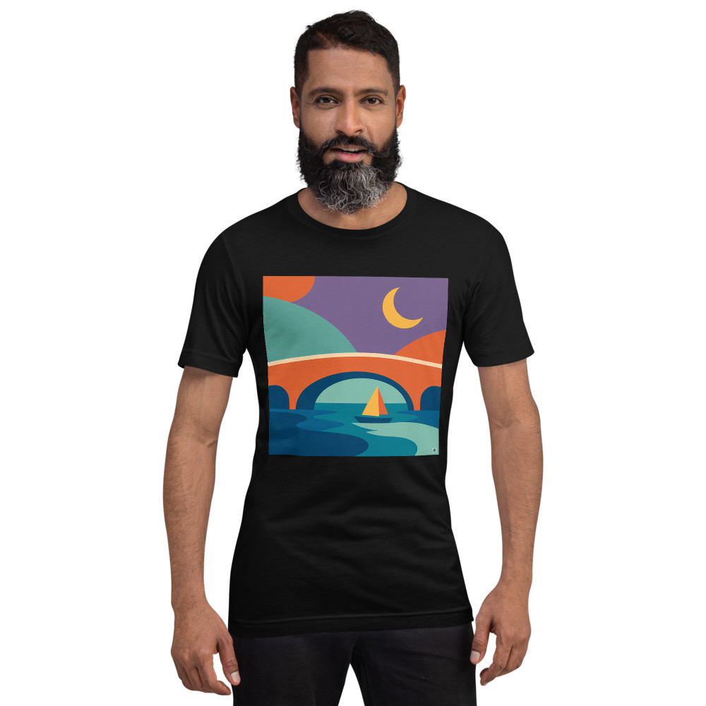Crescent Moon Sailboat Under an Arched Bridge