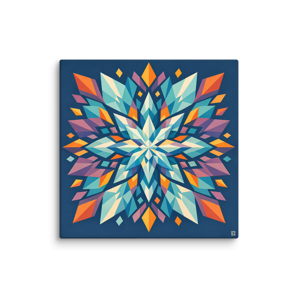 Colourful Geometric Snowflake Mandala on Navy — Canvas Print