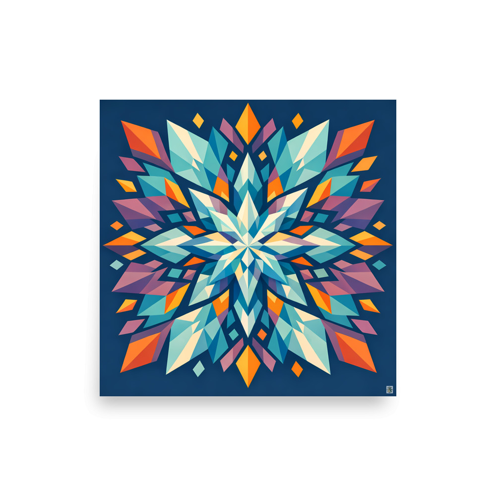 Colourful Geometric Snowflake Mandala on Navy — Art Print