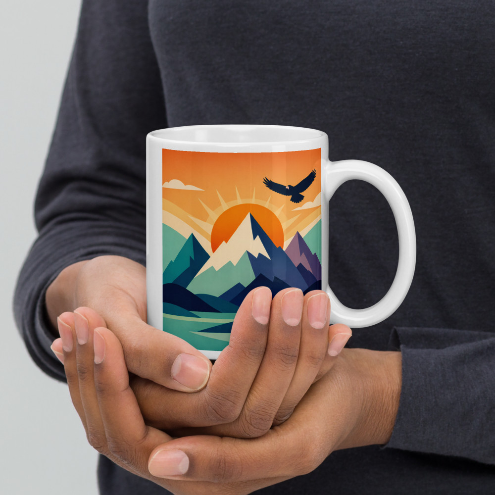 Geometric Mountain Sunrise with Soaring Eagle