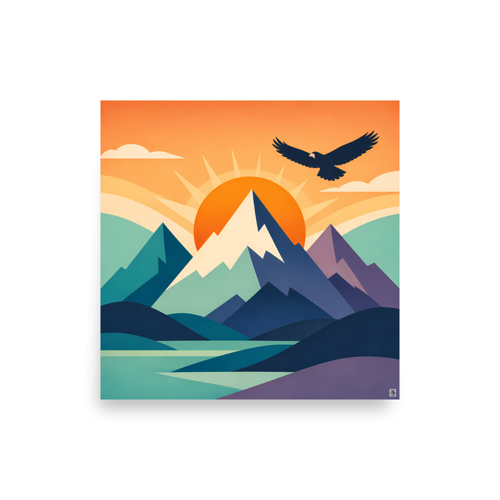 Geometric Mountain Sunrise with Soaring Eagle — Art Print