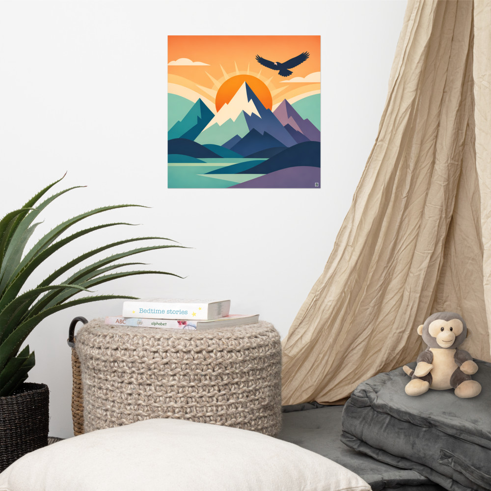 Geometric Mountain Sunrise with Soaring Eagle