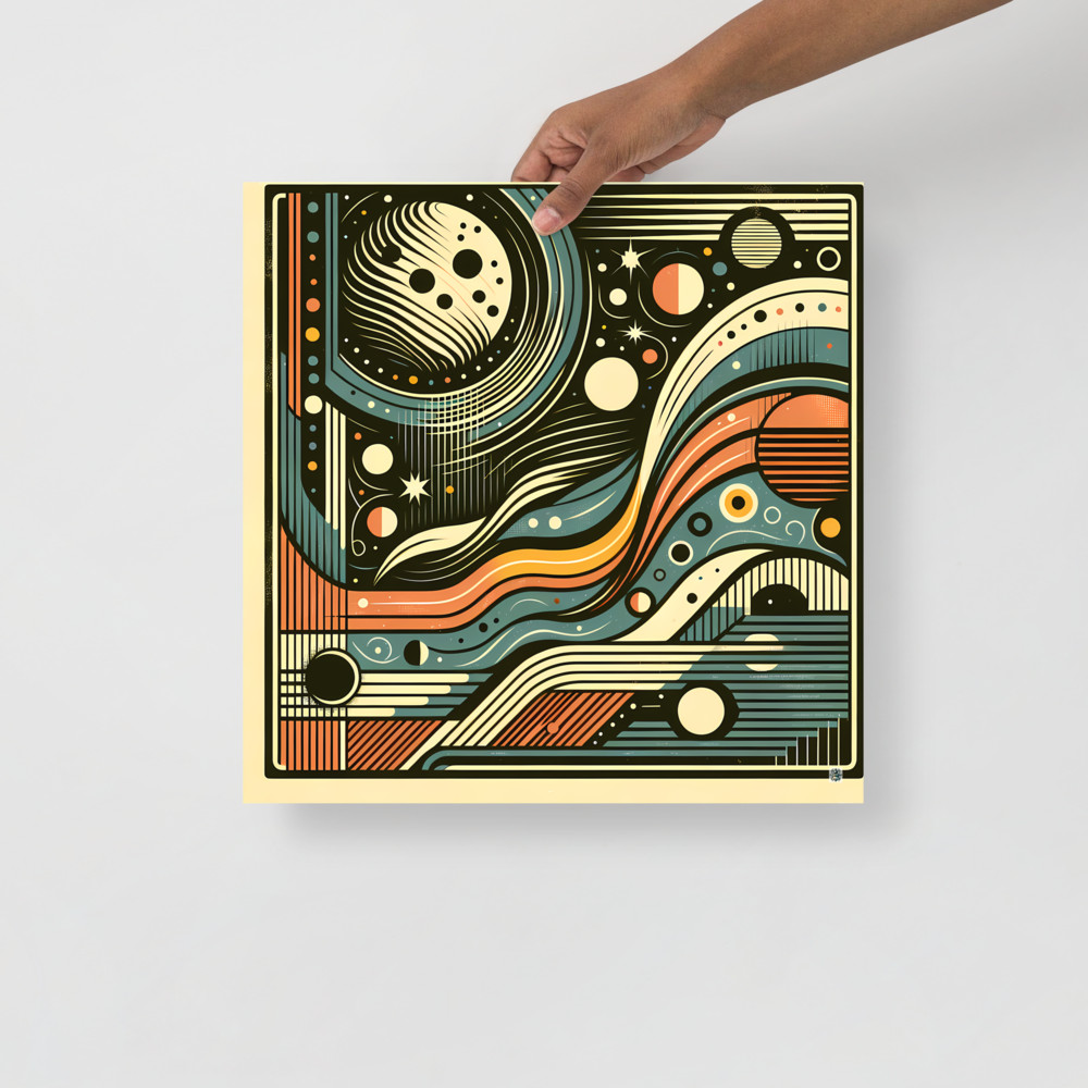 Retro Space Abstract with Planets and Wavy Stripes