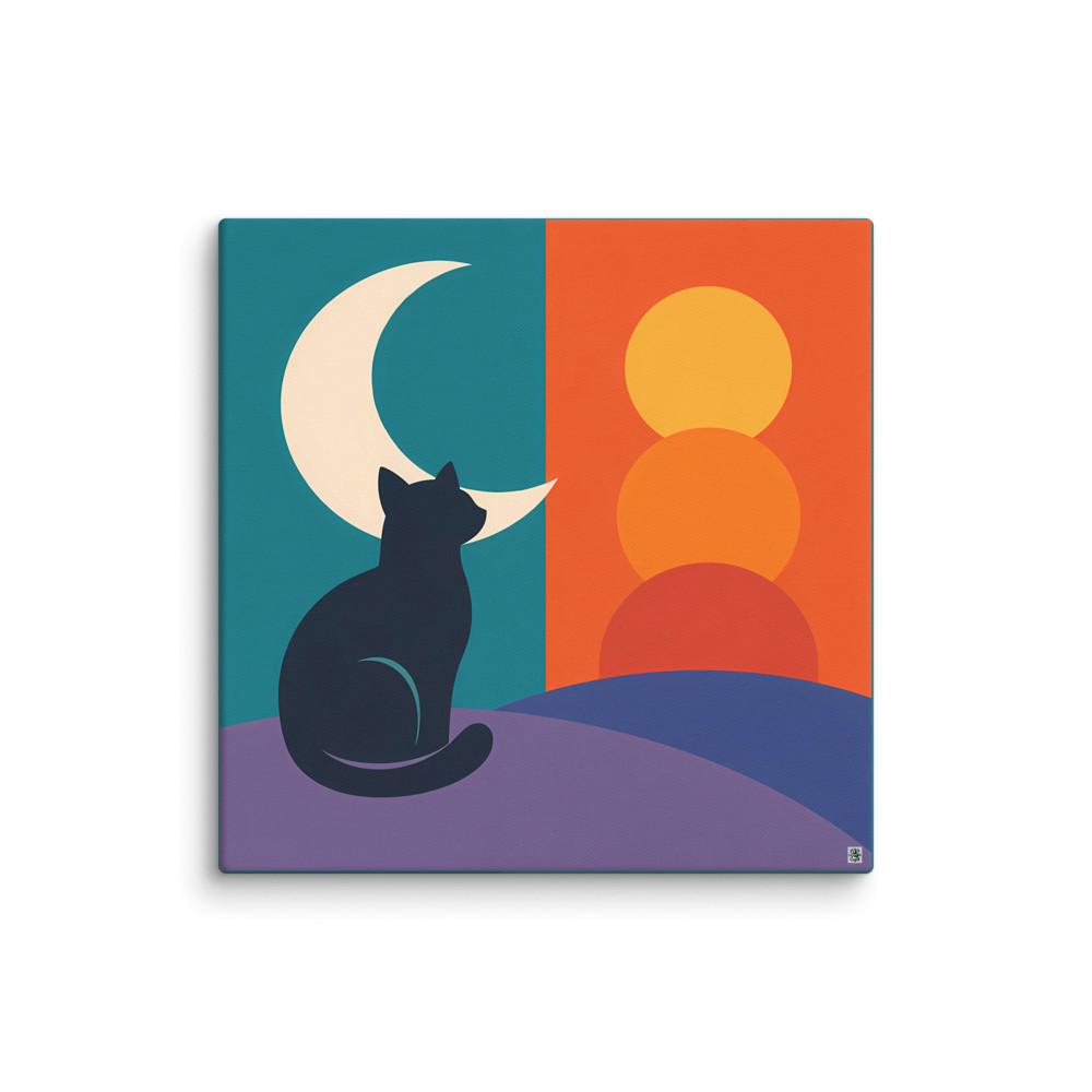 Cat Silhouette with Crescent Moon and Sunset Forms — Canvas Print