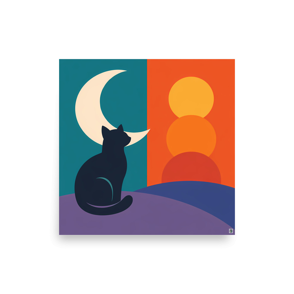 Cat Silhouette with Crescent Moon and Sunset Forms — Art Print