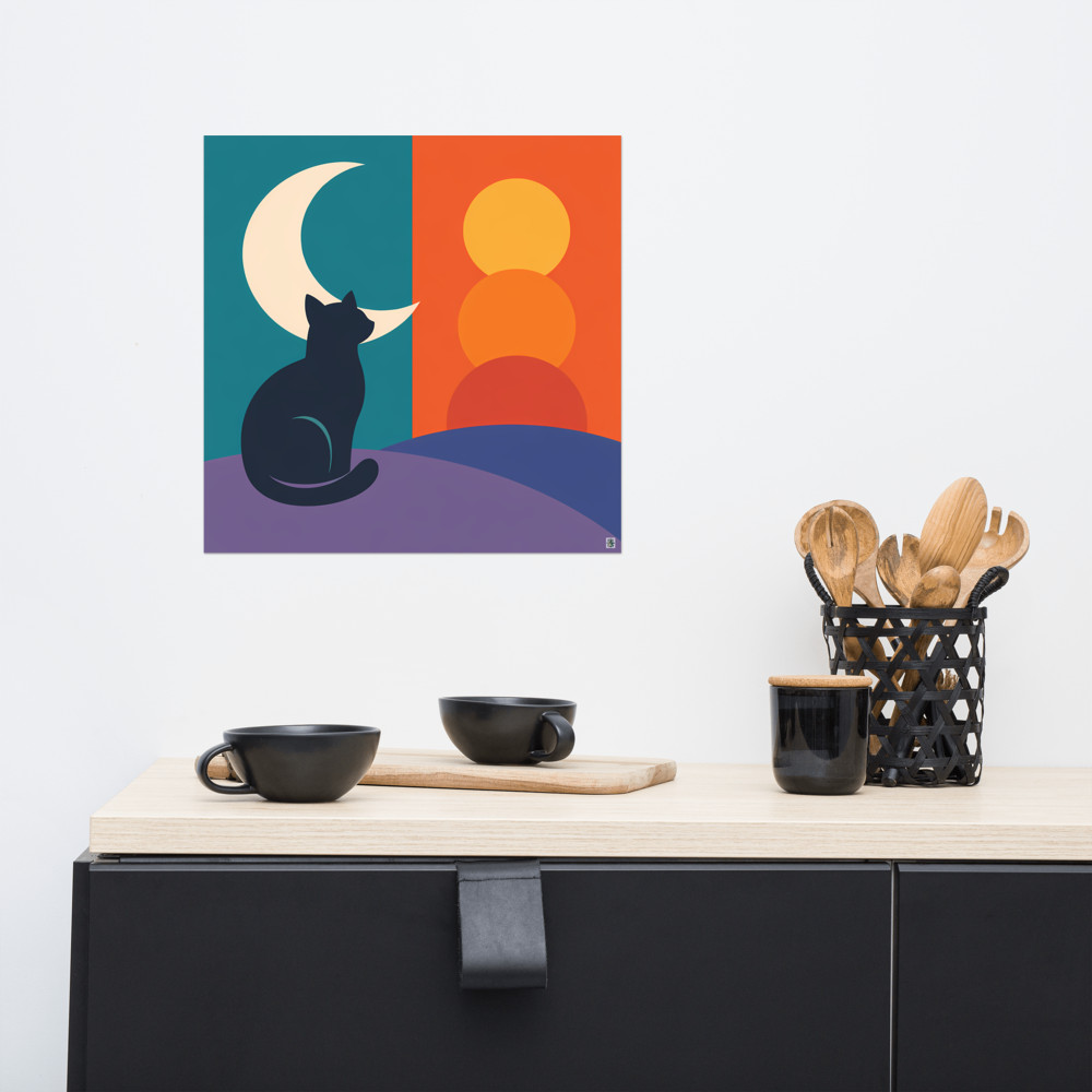 Cat Silhouette with Crescent Moon and Sunset Forms