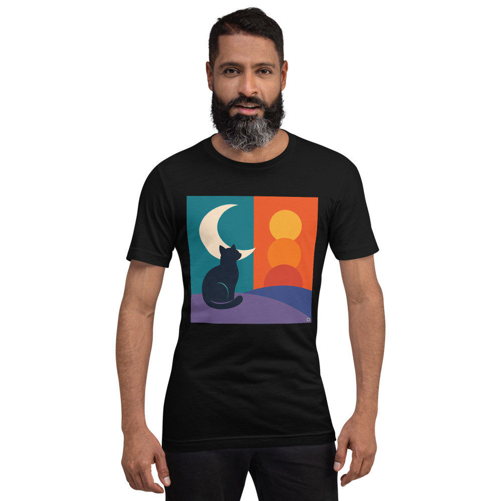 Cat Silhouette with Crescent Moon and Sunset Forms