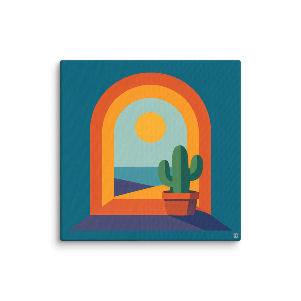Minimal Desert Arch with Potted Cactus and Sun — Canvas Print