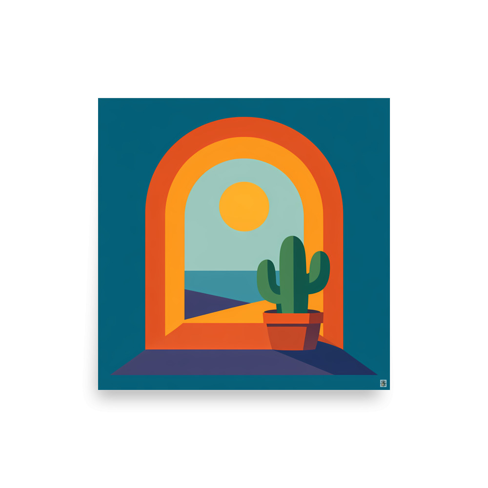 Minimal Desert Arch with Potted Cactus and Sun — Art Print