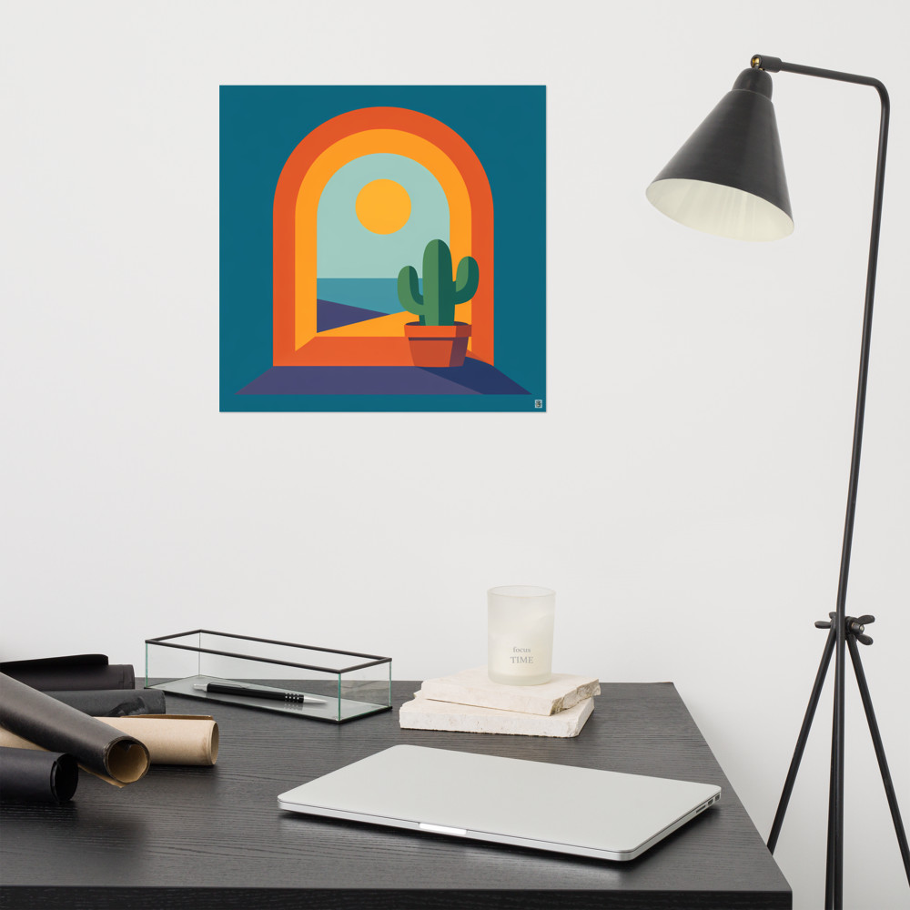 Minimal Desert Arch with Potted Cactus and Sun