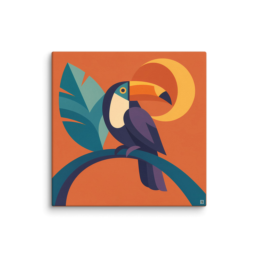 Geometric Colour Block Toucan with Tropical Leaves — Canvas Print