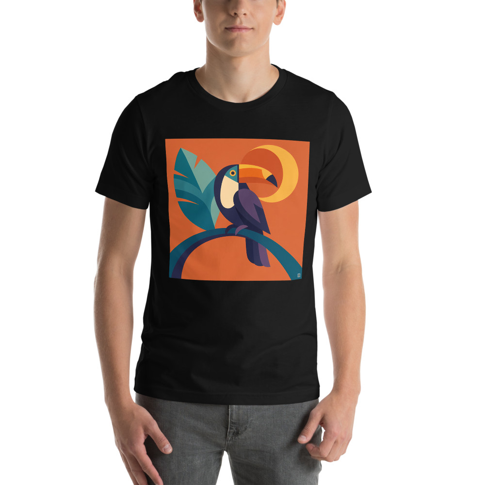 Geometric Colour Block Toucan with Tropical Leaves — T-Shirt