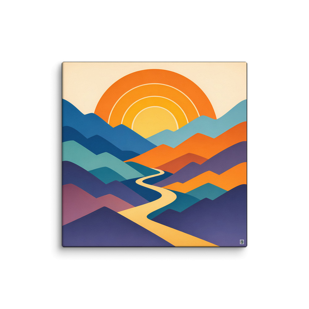 Layered Mountain Sunset with Winding River — Canvas Print
