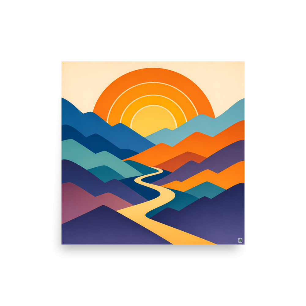 Layered Mountain Sunset with Winding River — Art Print