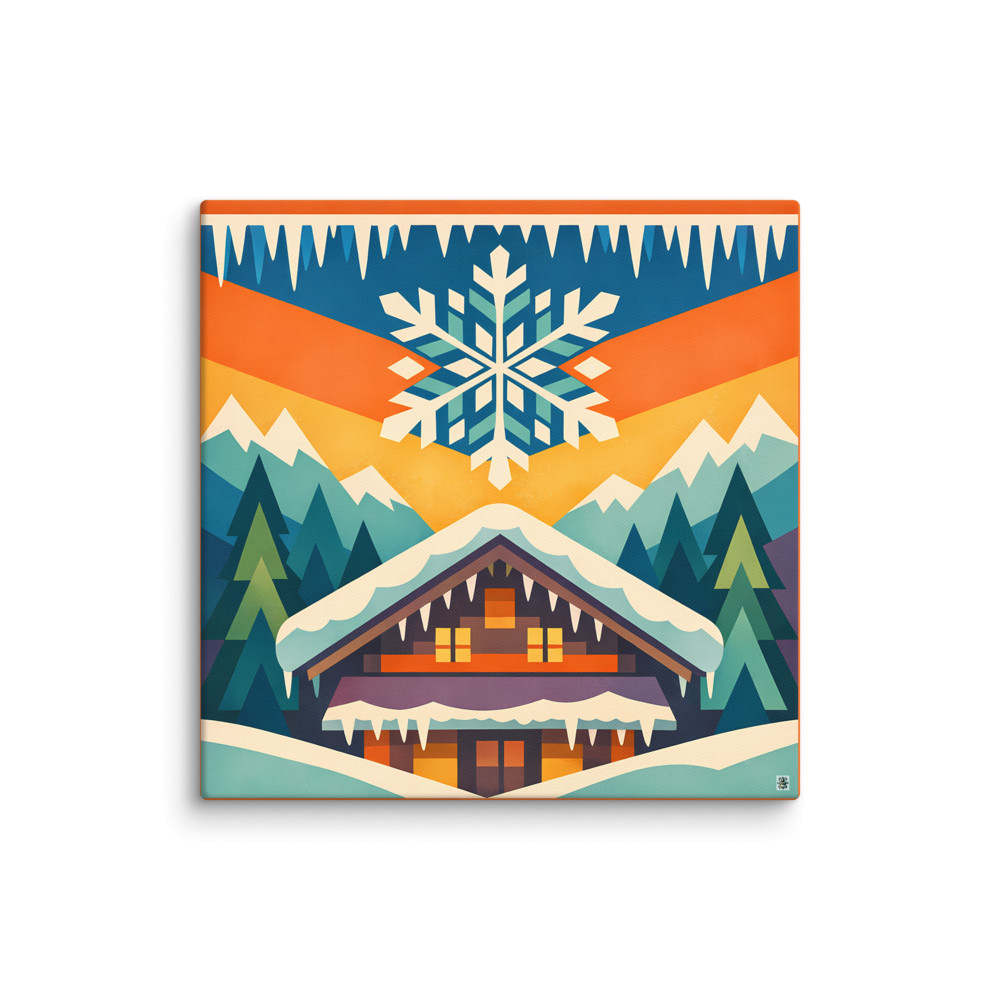 Nordic Snowflake Chalet with Winter Mountains — Canvas Print