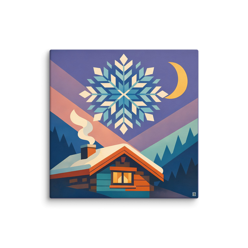 Geometric Snowflake Over Winter Cabin — Canvas Print