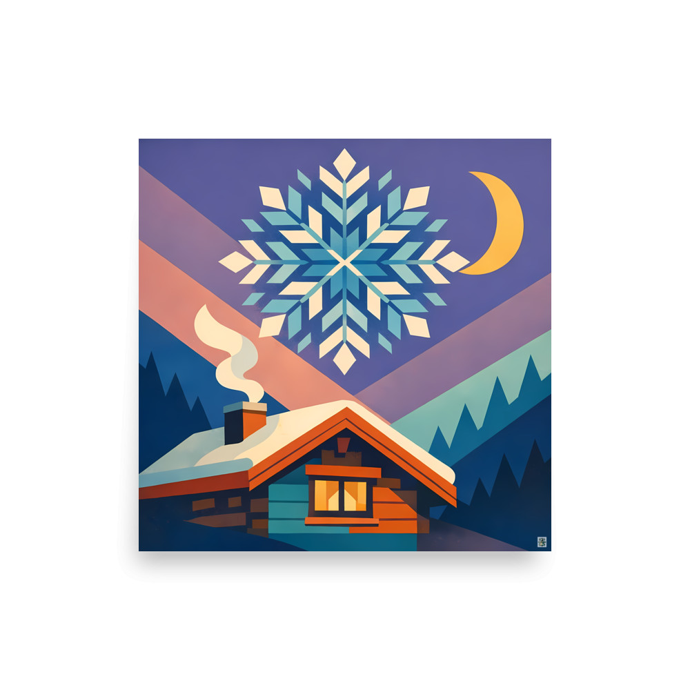 Geometric Snowflake Over Winter Cabin — Art Print