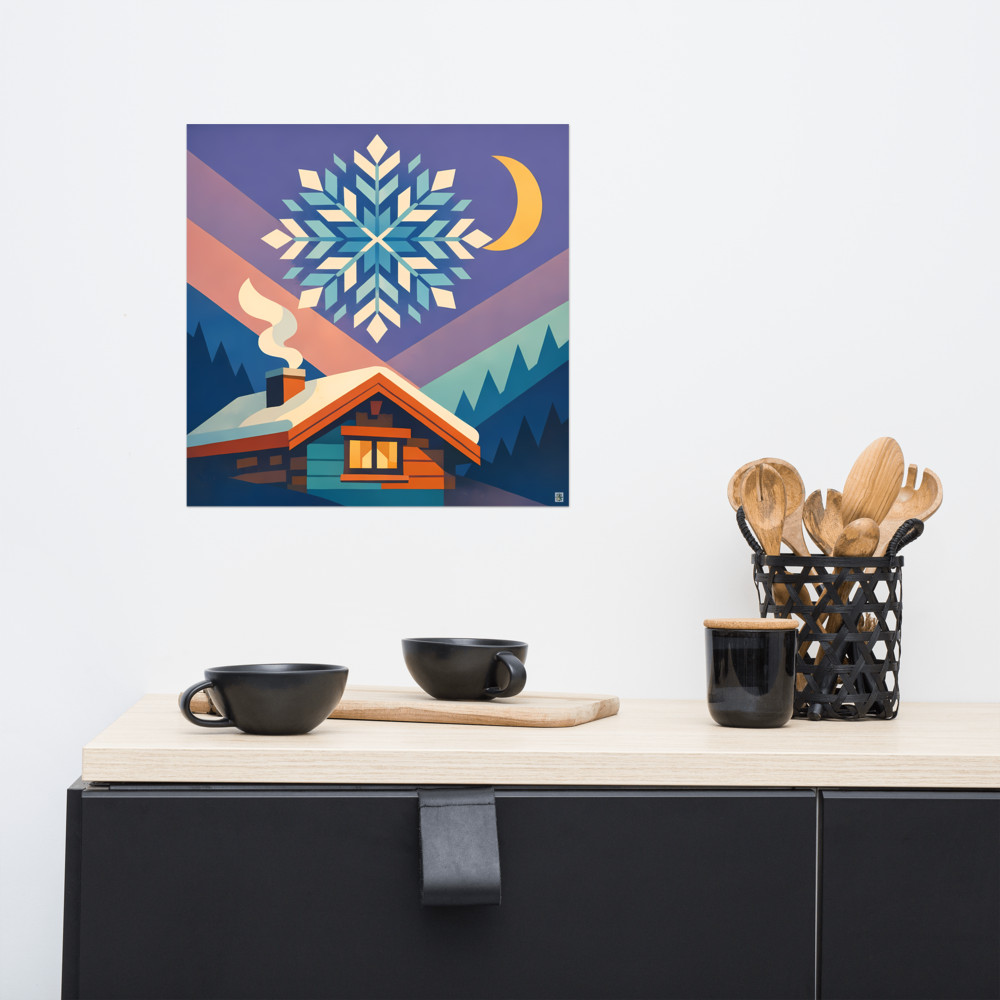 Geometric Snowflake Over Winter Cabin