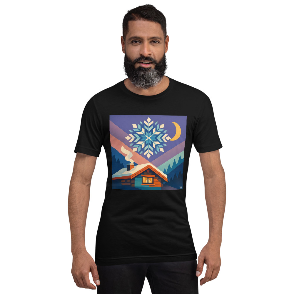 Geometric Snowflake Over Winter Cabin