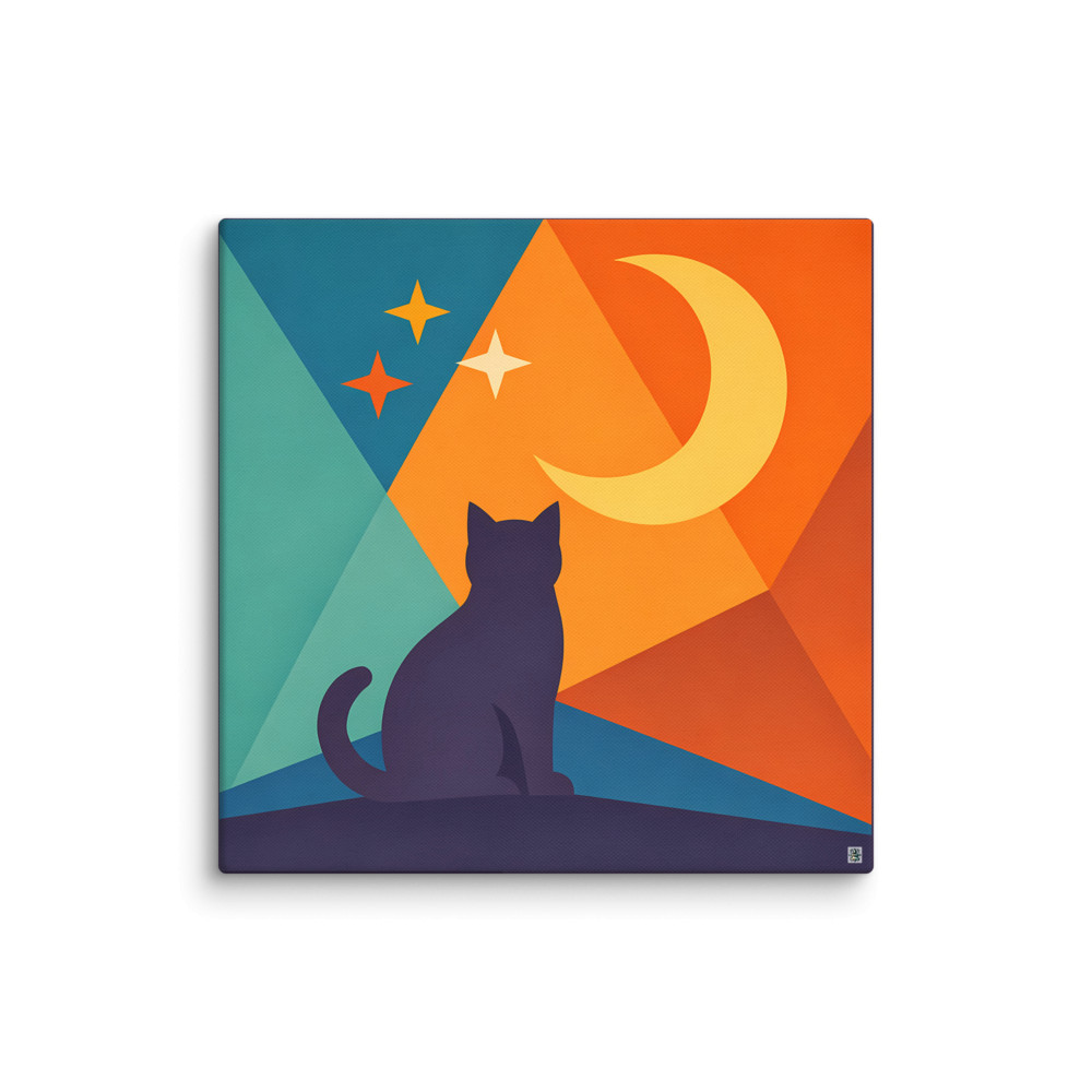 Moonlit Cat Silhouette with Colourful Geometric Sky — Canvas Print