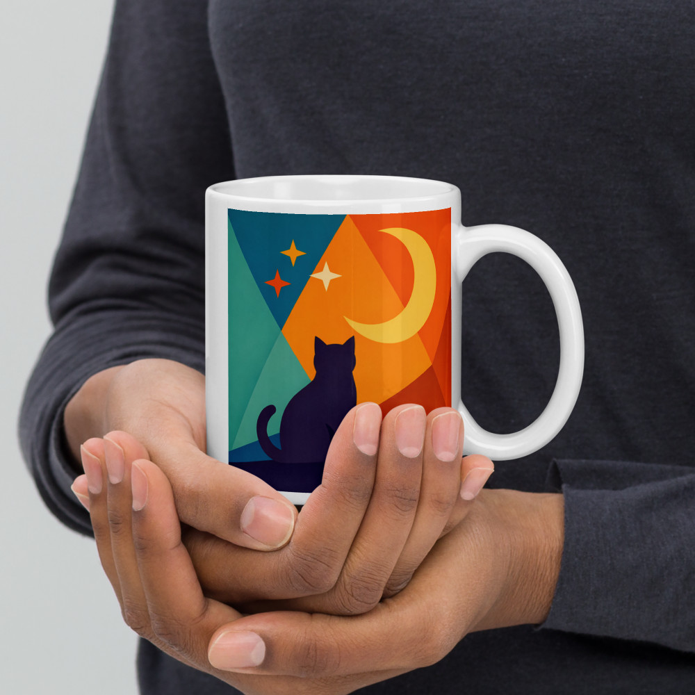 Moonlit Cat Silhouette with Colourful Geometric Sky