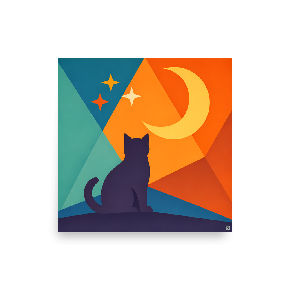 Moonlit Cat Silhouette with Colourful Geometric Sky — Art Print