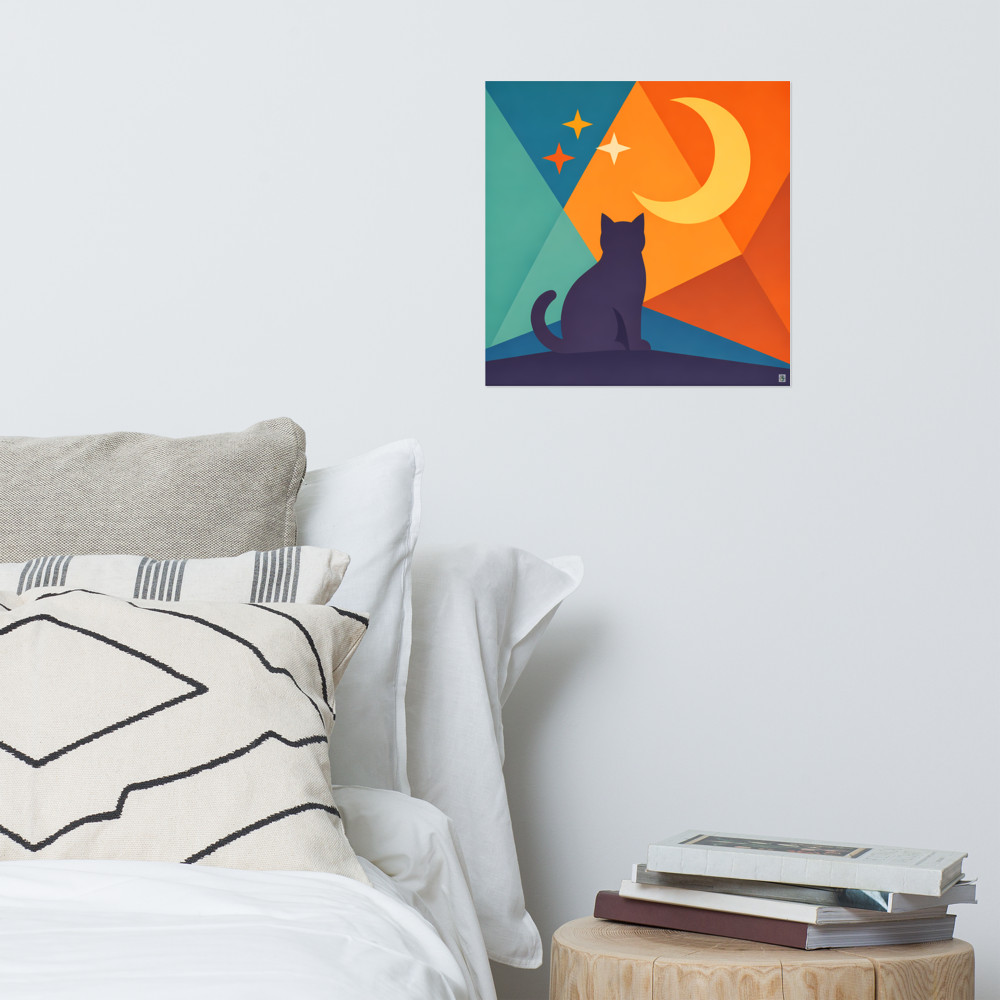 Moonlit Cat Silhouette with Colourful Geometric Sky