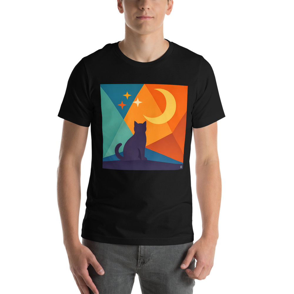 Moonlit Cat Silhouette with Colourful Geometric Sky