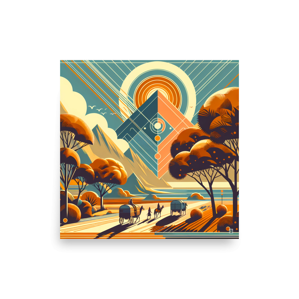 Retro Geometric Mountain Sunset Landscape Illustration — Art Print