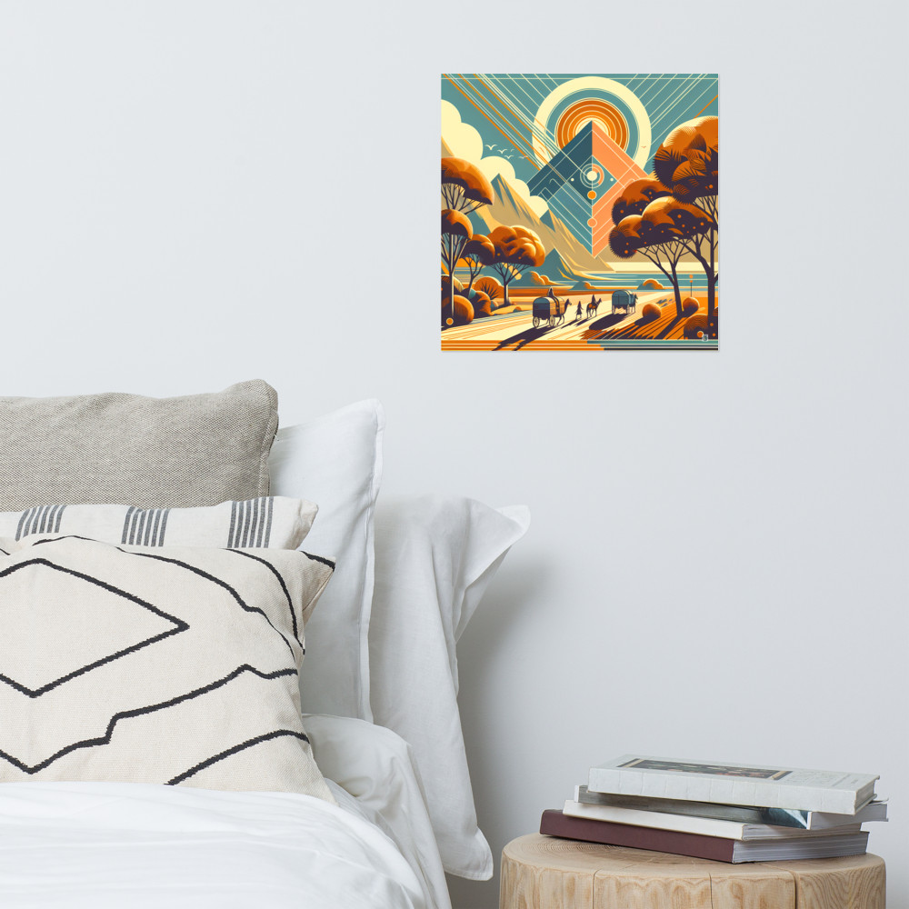 Retro Geometric Mountain Sunset Landscape Illustration