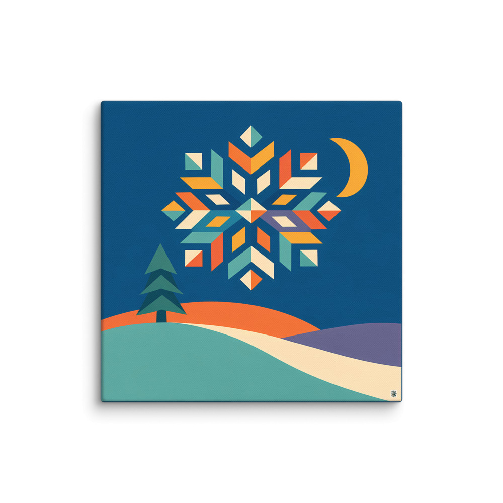 Geometric Snowflake Over Winter Hills — Canvas Print
