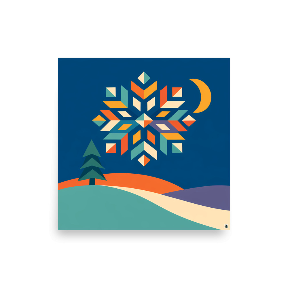 Geometric Snowflake Over Winter Hills — Art Print