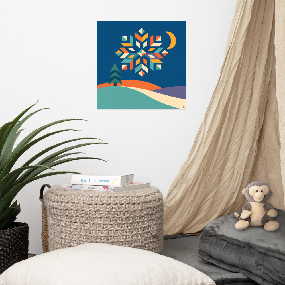 Geometric Snowflake Over Winter Hills