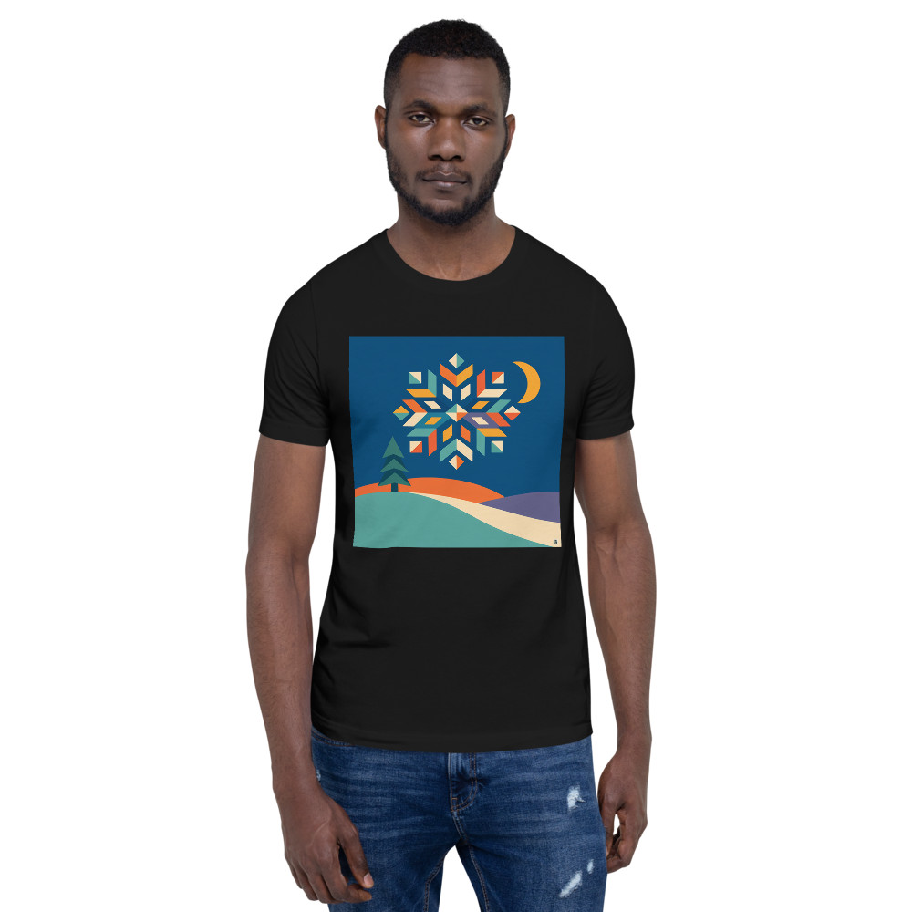Geometric Snowflake Over Winter Hills