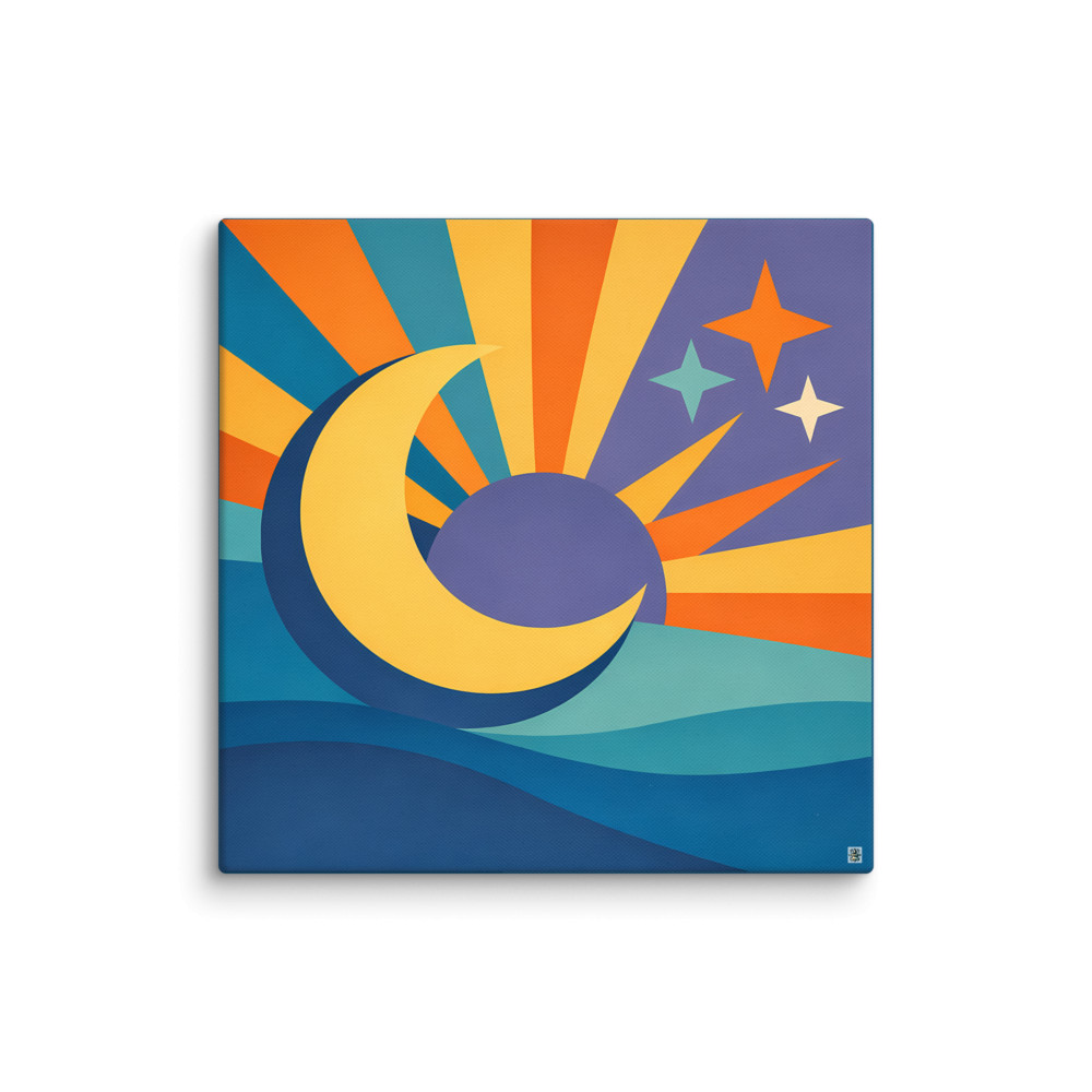 Celestial Crescent Moon and Starburst Rays — Canvas Print