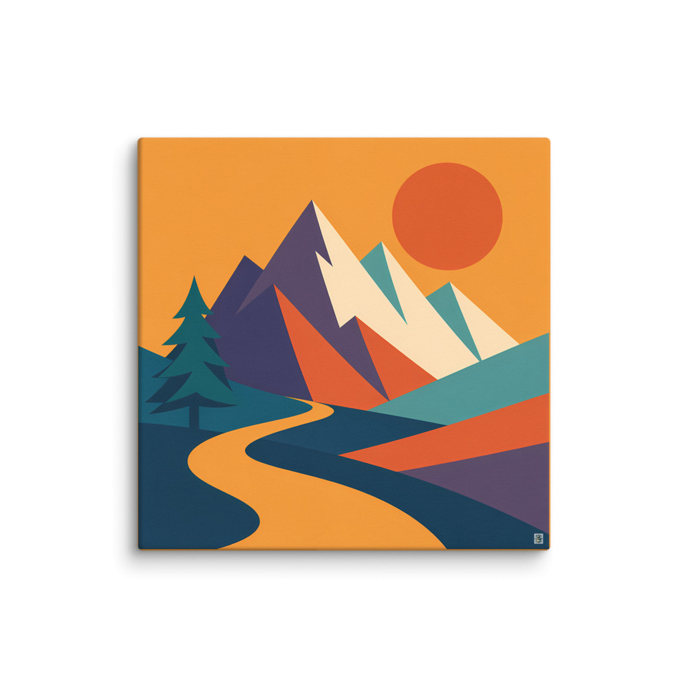 Geometric Mountain Peaks with Sun and Winding River — Canvas Print