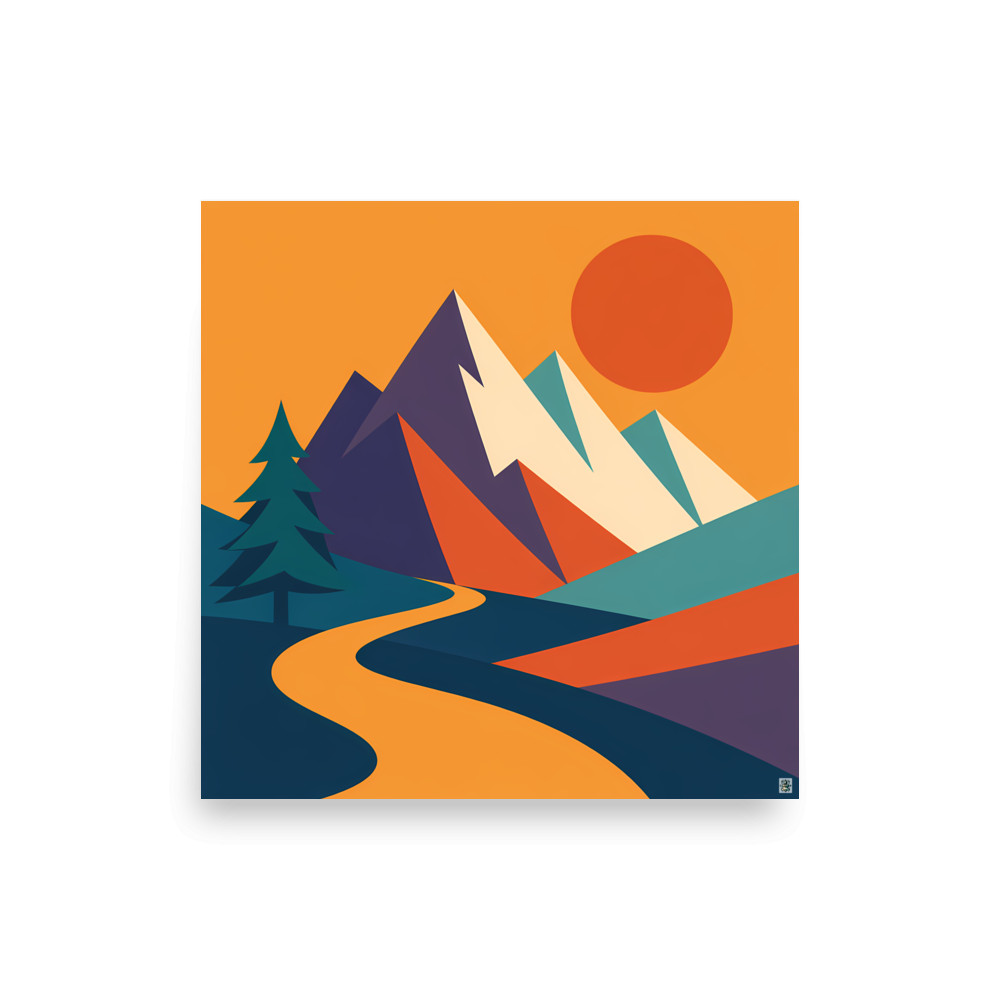 Geometric Mountain Peaks with Sun and Winding River — Art Print