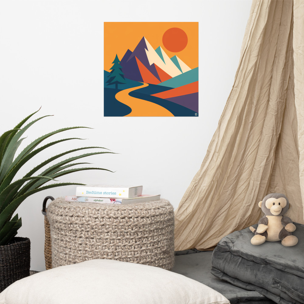 Geometric Mountain Peaks with Sun and Winding River