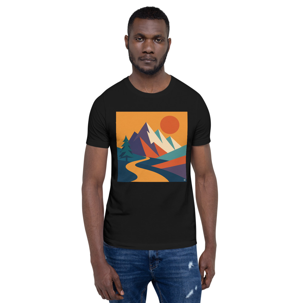 Geometric Mountain Peaks with Sun and Winding River