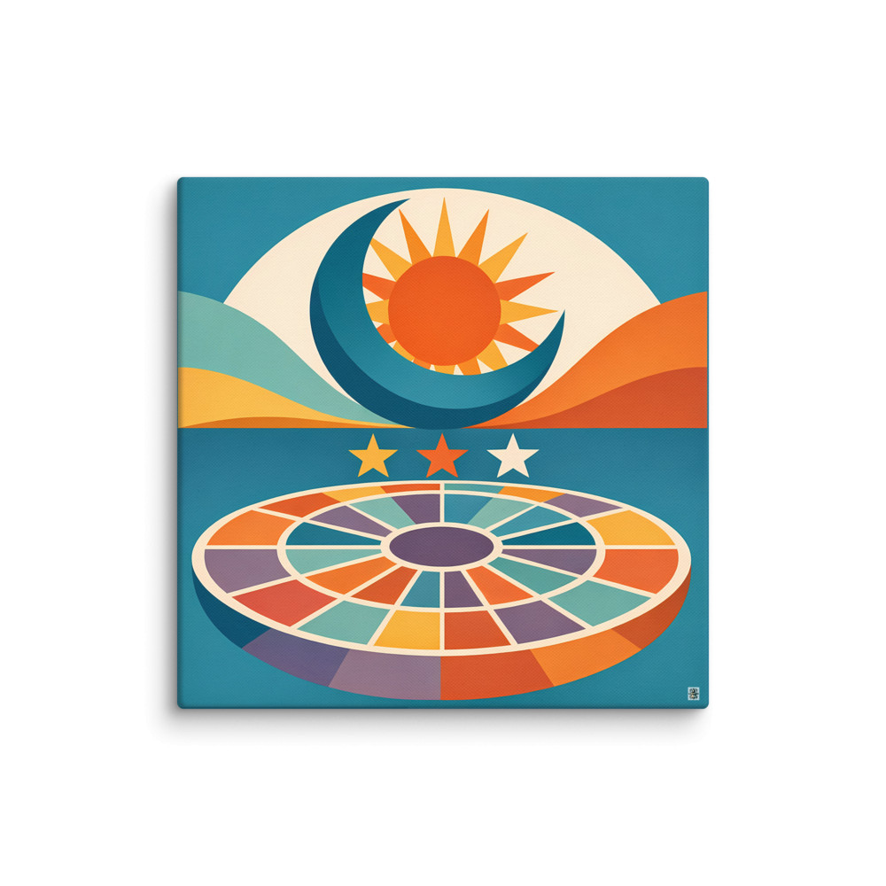 Sun, Crescent Moon and Stars over Cosmic Wheel — Canvas Print