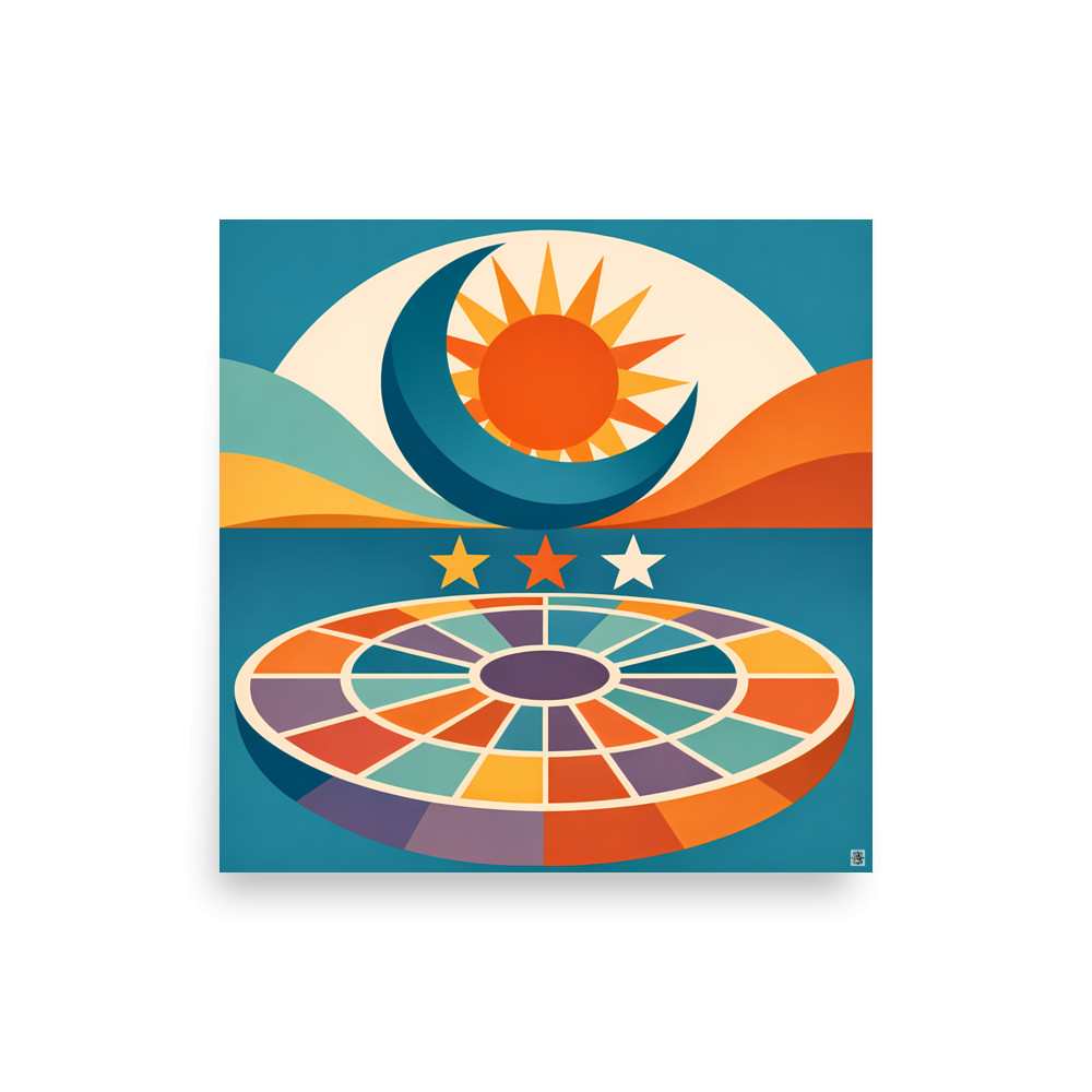 Sun, Crescent Moon and Stars over Cosmic Wheel — Art Print