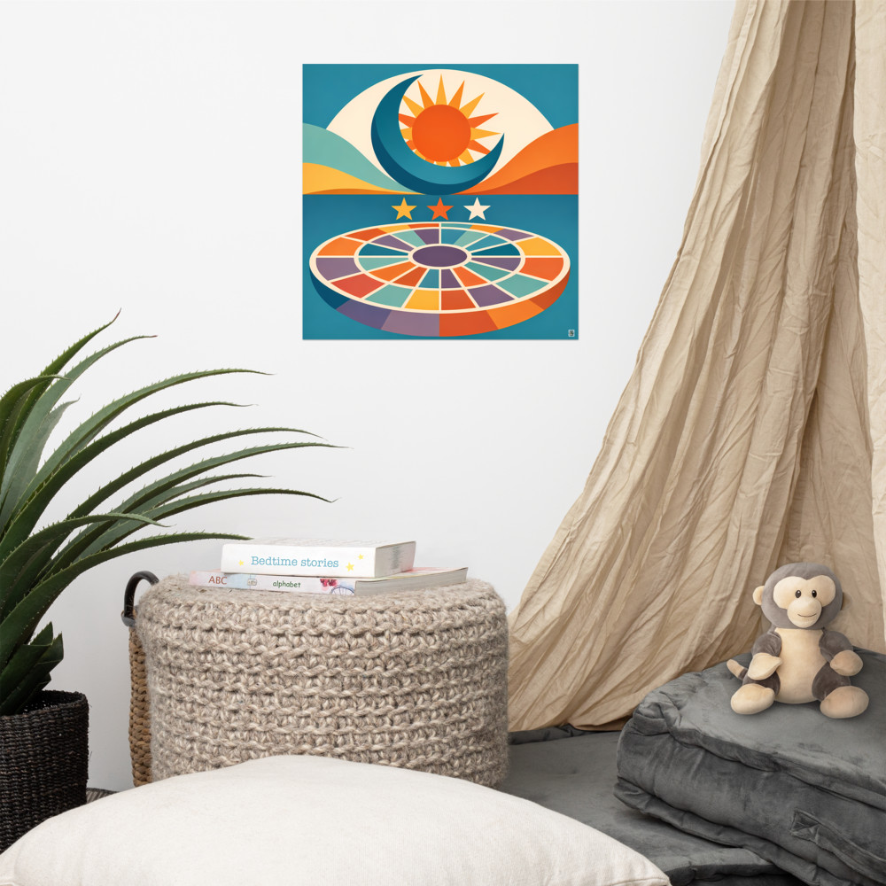 Sun, Crescent Moon and Stars over Cosmic Wheel