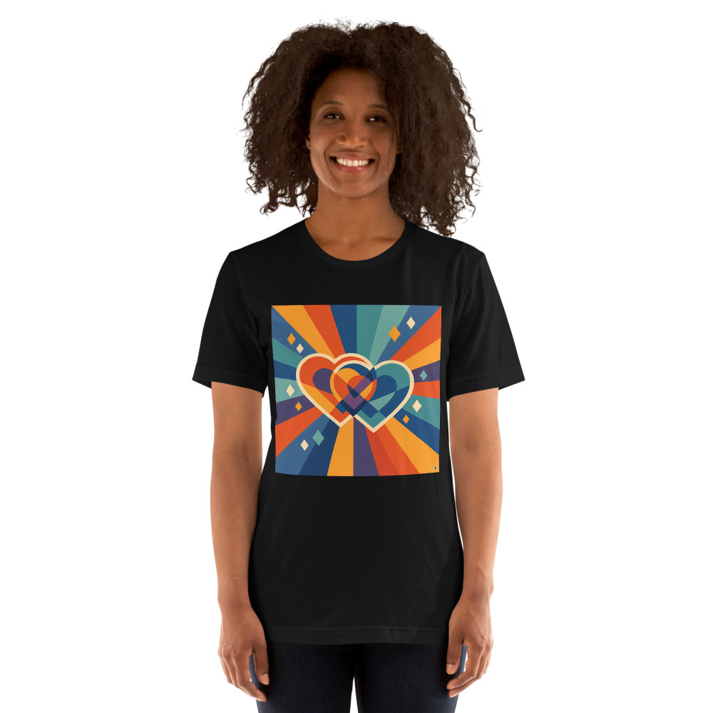 Overlapping Geometric Hearts with Colour Rays — T-Shirt
